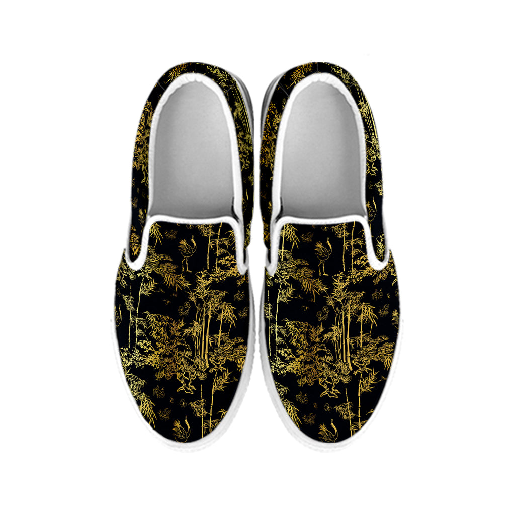 Gold And Black Japanese Bamboo Print White Slip On Shoes