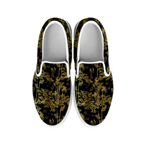 Gold And Black Japanese Bamboo Print White Slip On Shoes