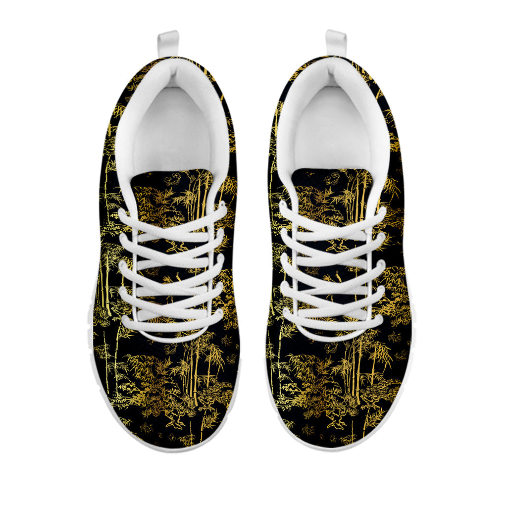 Gold And Black Japanese Bamboo Print White Sneakers