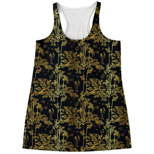 Gold And Black Japanese Bamboo Print Women's Racerback Tank Top