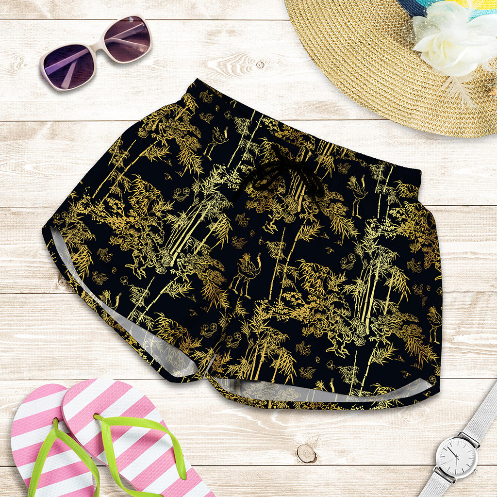 Gold And Black Japanese Bamboo Print Women's Shorts