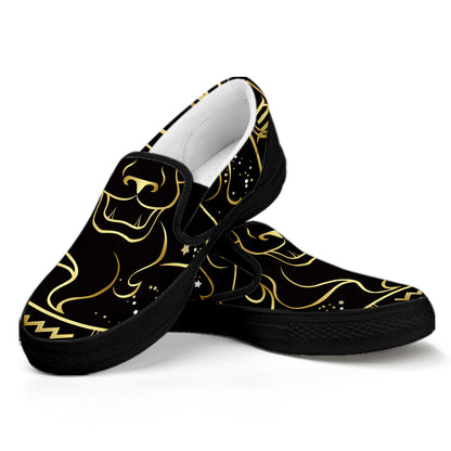 Gold And Black Leo Sign Print Black Slip On Shoes