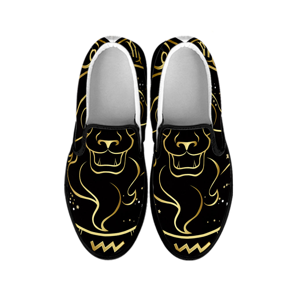 Gold And Black Leo Sign Print Black Slip On Shoes