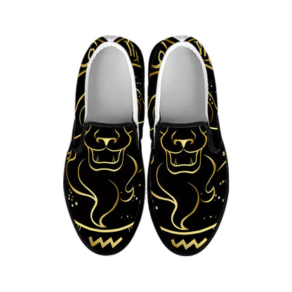 Gold And Black Leo Sign Print Black Slip On Shoes