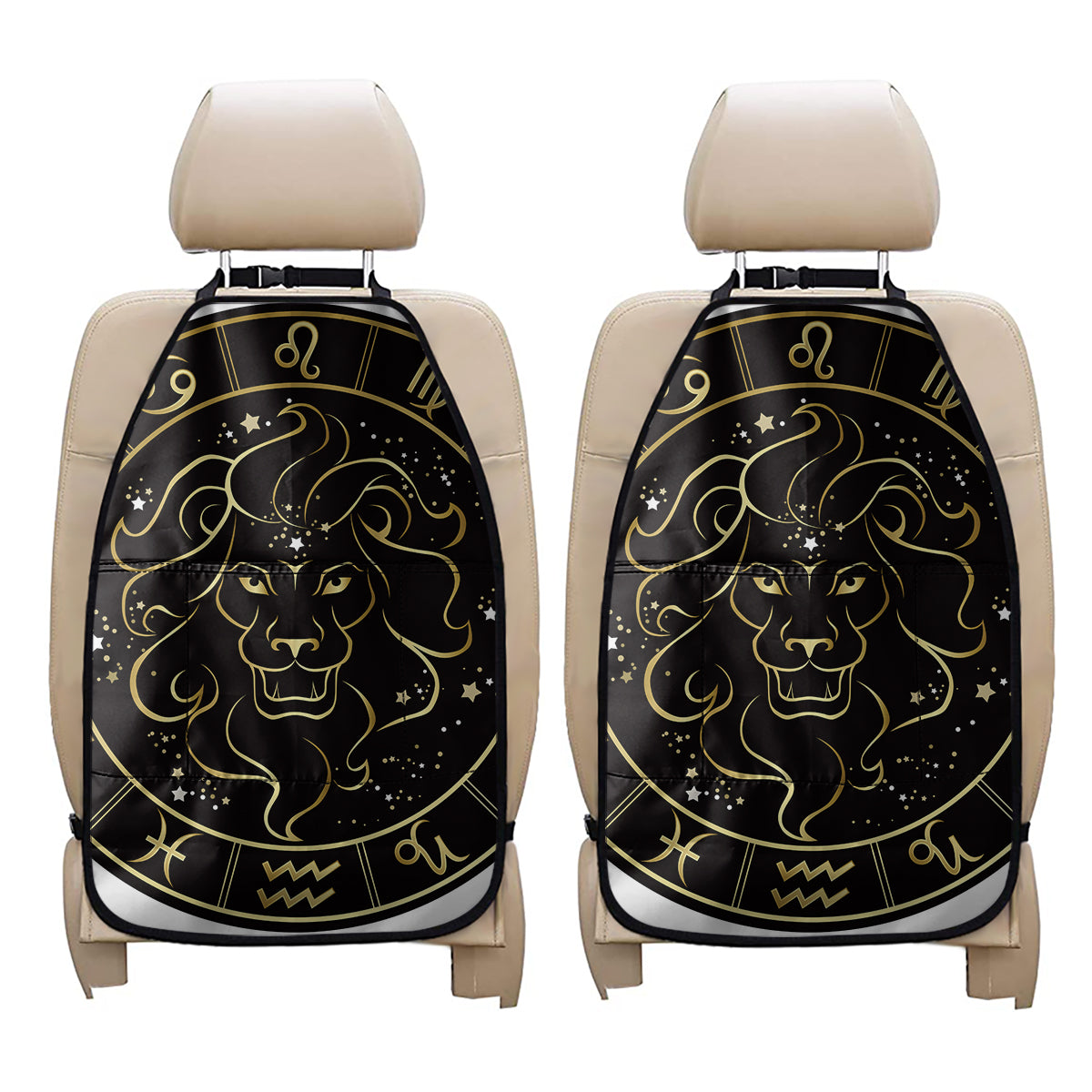 Gold And Black Leo Sign Print Car Seat Organizers