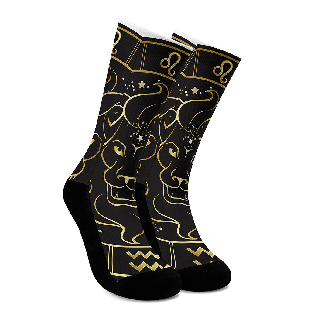 Gold And Black Leo Sign Print Crew Socks