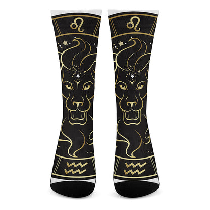 Gold And Black Leo Sign Print Crew Socks