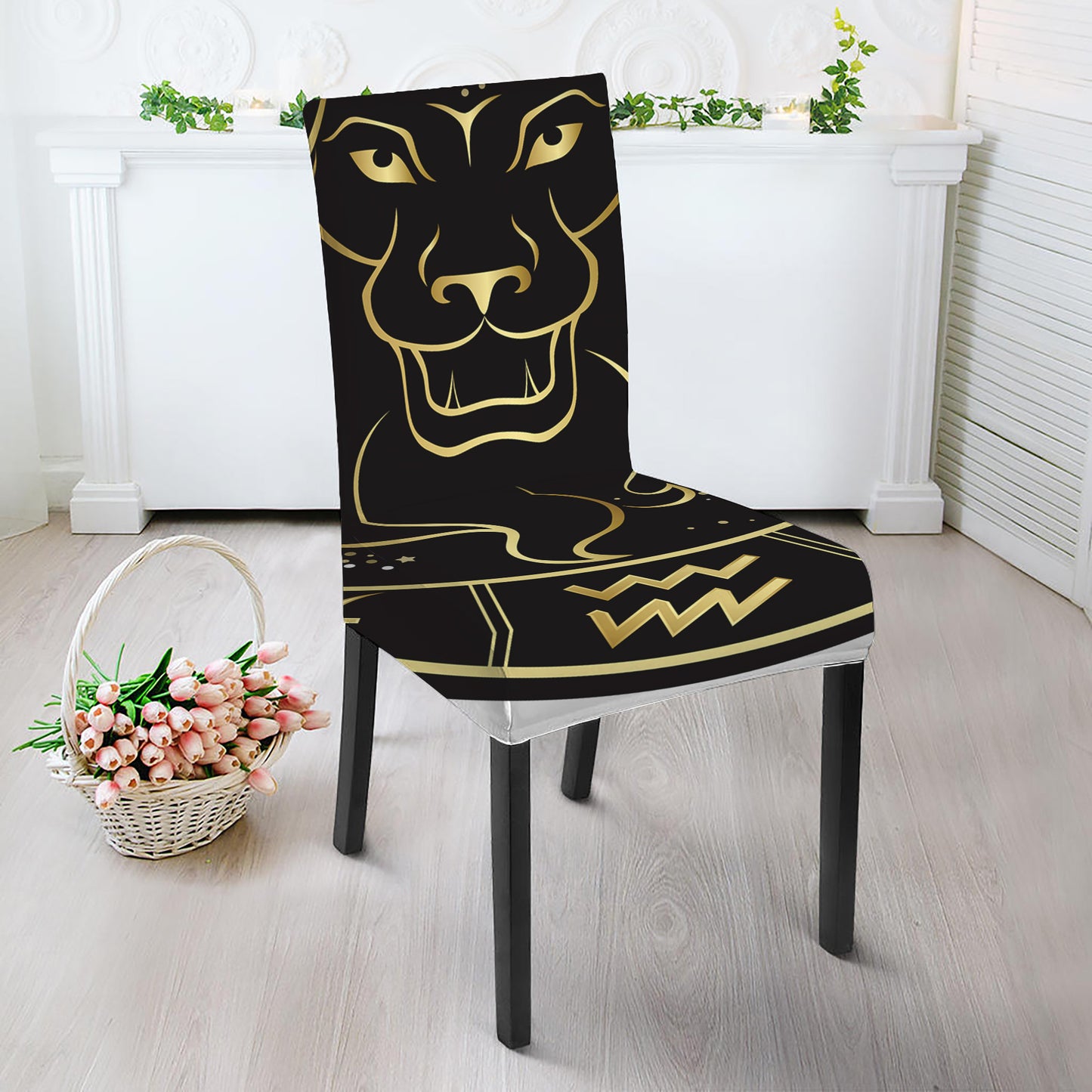 Gold And Black Leo Sign Print Dining Chair Slipcover