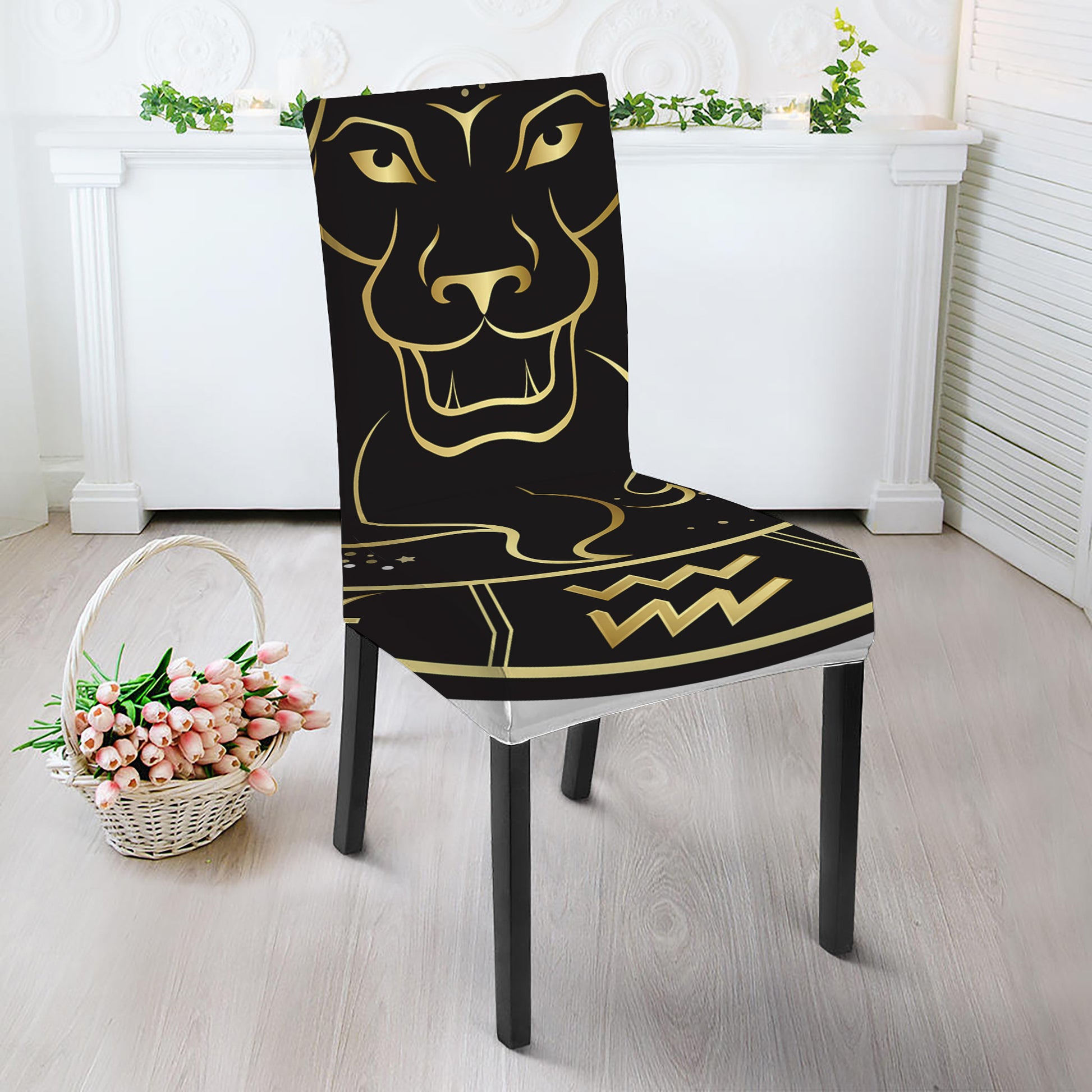 Gold And Black Leo Sign Print Dining Chair Slipcover