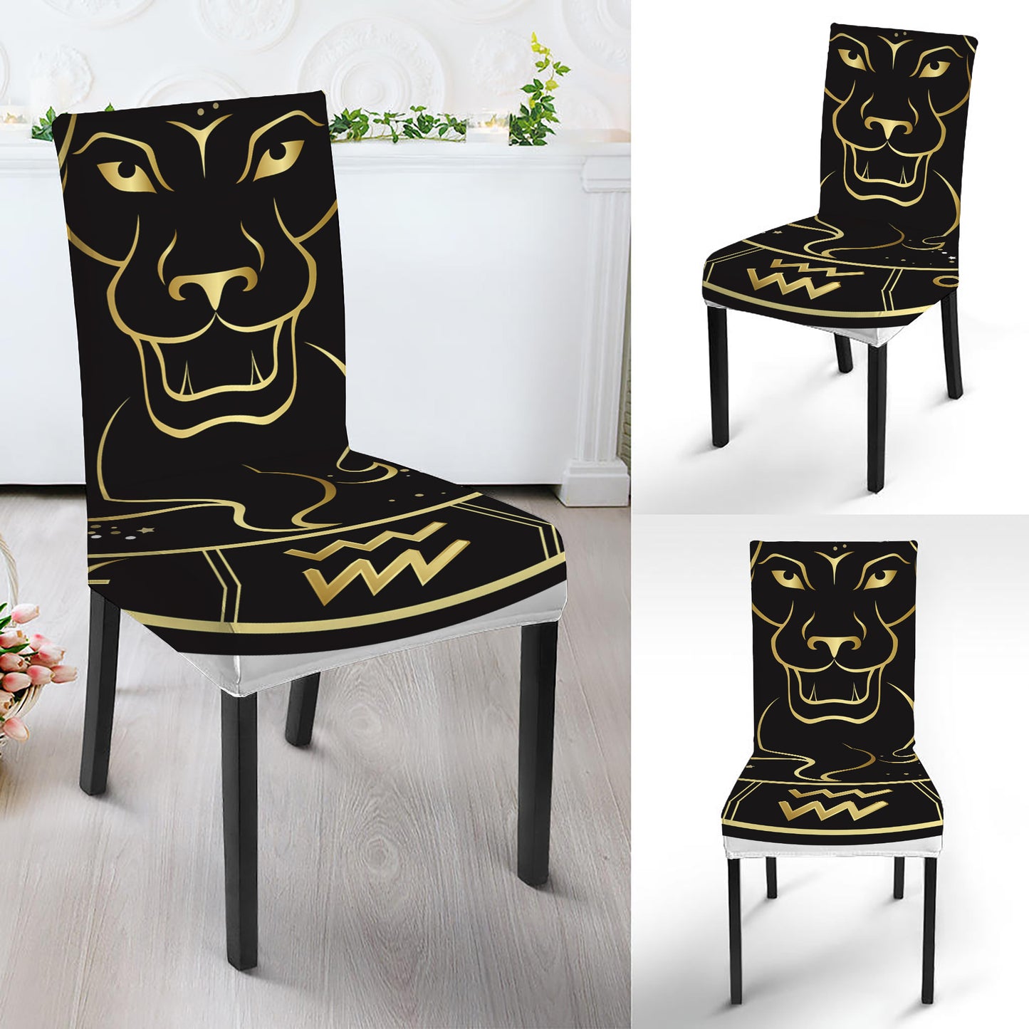 Gold And Black Leo Sign Print Dining Chair Slipcover