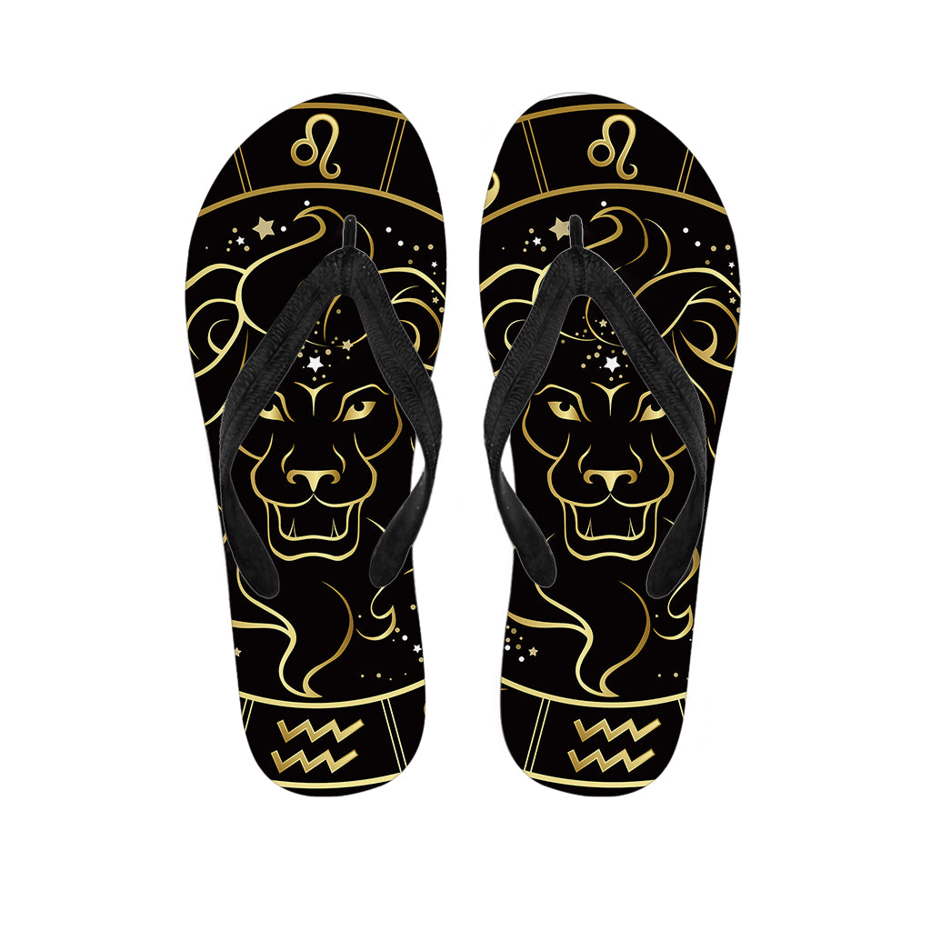Gold And Black Leo Sign Print Flip Flops