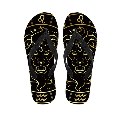 Gold And Black Leo Sign Print Flip Flops