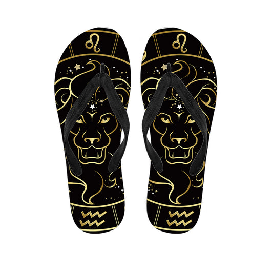 Gold And Black Leo Sign Print Flip Flops