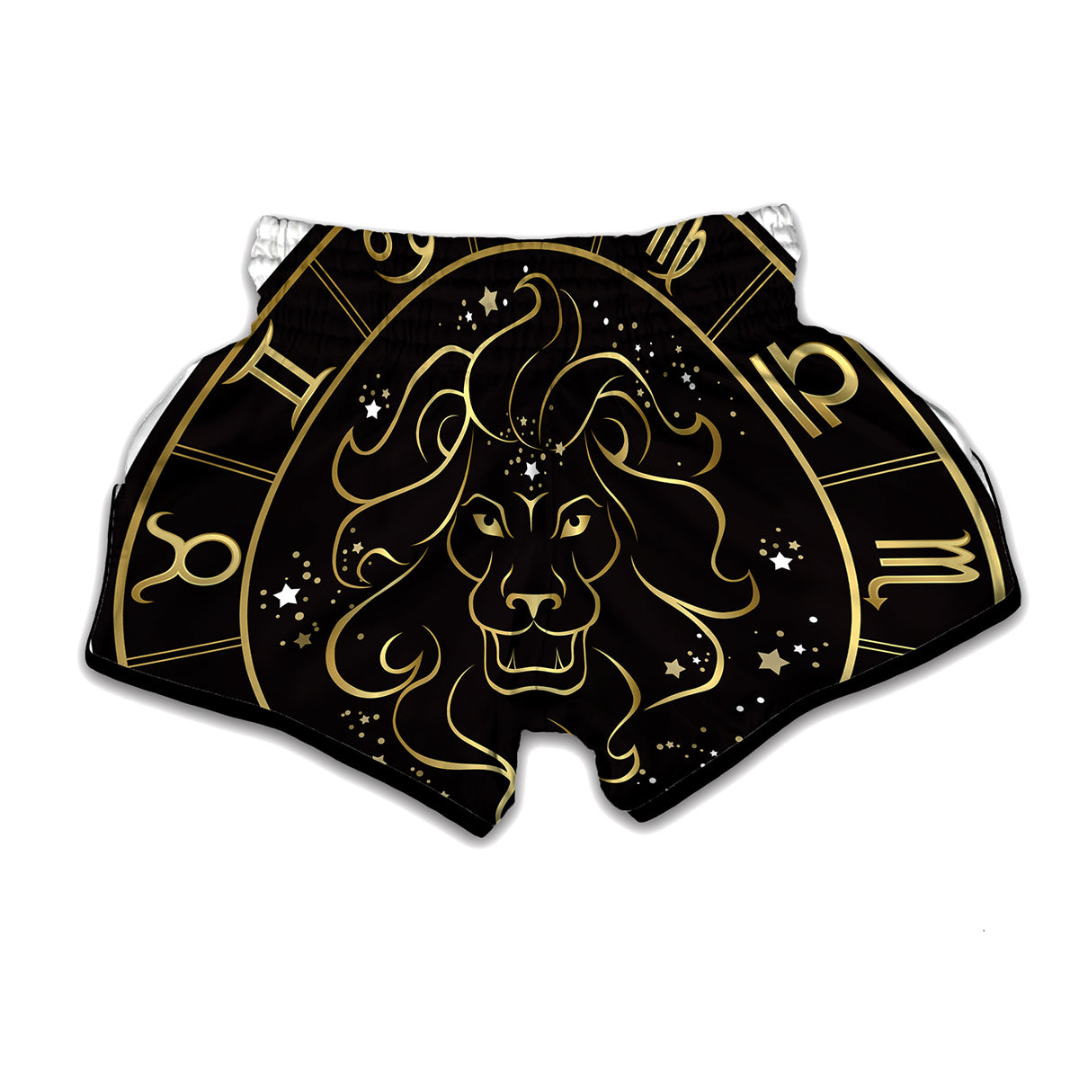 Gold And Black Leo Sign Print Muay Thai Boxing Shorts