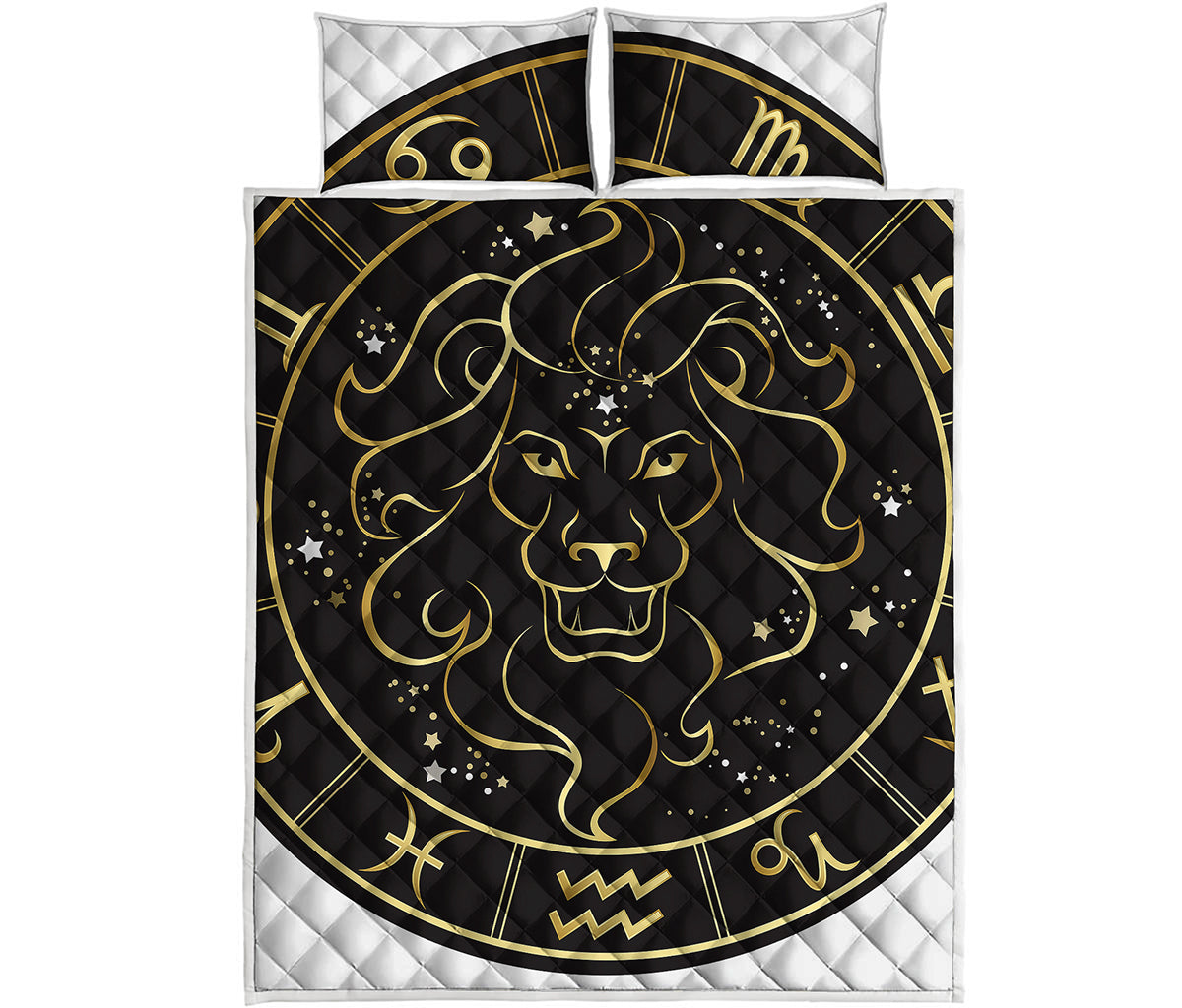 Gold And Black Leo Sign Print Quilt Bed Set