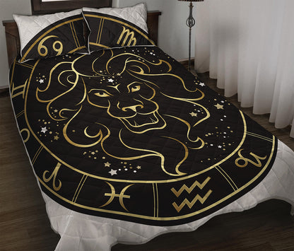 Gold And Black Leo Sign Print Quilt Bed Set