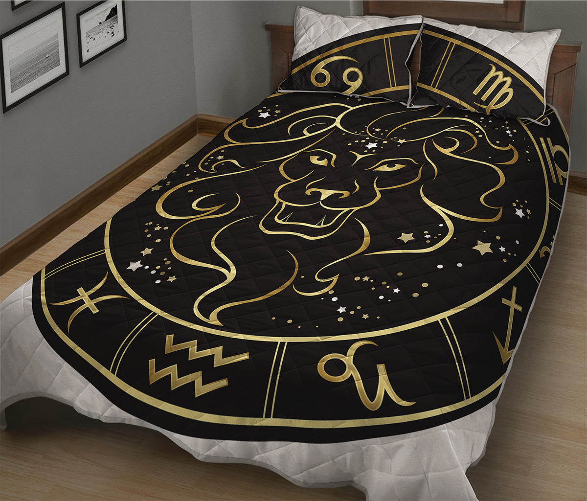 Gold And Black Leo Sign Print Quilt Bed Set