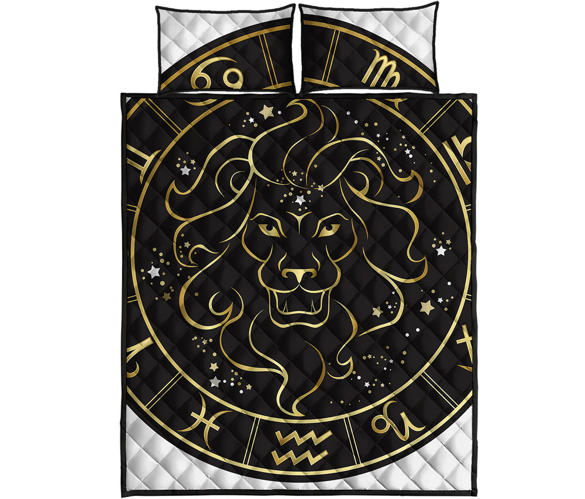 Gold And Black Leo Sign Print Quilt Bed Set