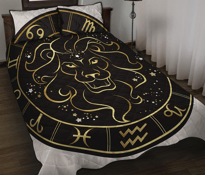 Gold And Black Leo Sign Print Quilt Bed Set