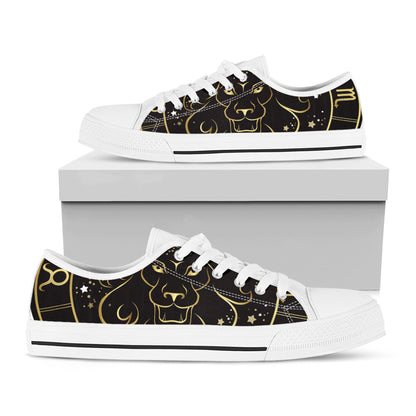 Gold And Black Leo Sign Print White Low Top Shoes