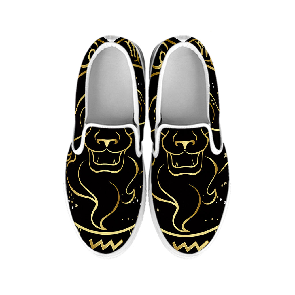 Gold And Black Leo Sign Print White Slip On Shoes