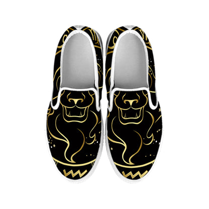 Gold And Black Leo Sign Print White Slip On Shoes