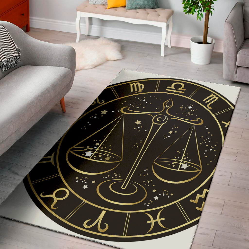 Gold And Black Libra Sign Print Area Rug