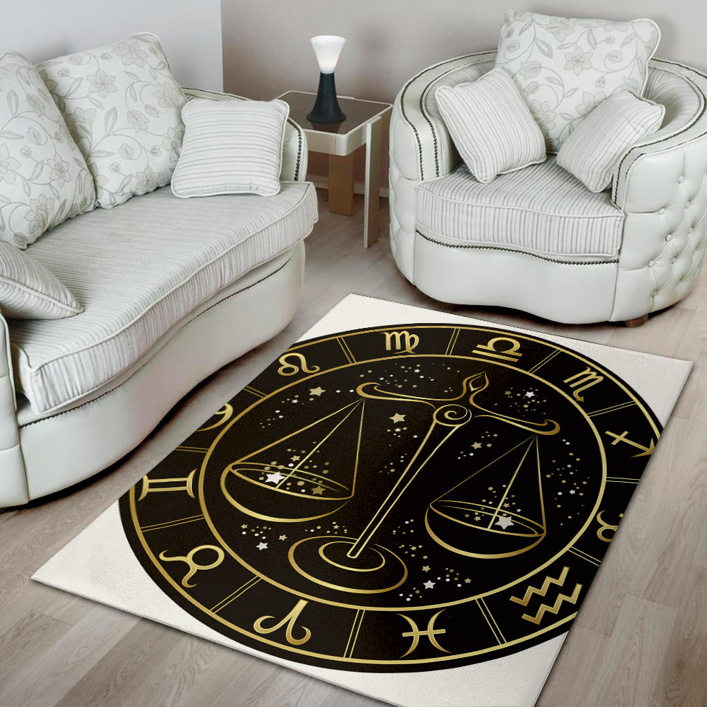 Gold And Black Libra Sign Print Area Rug