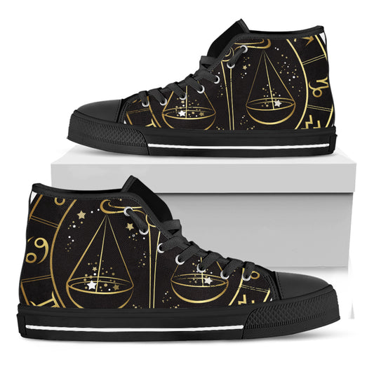 Gold And Black Libra Sign Print Black High Top Shoes