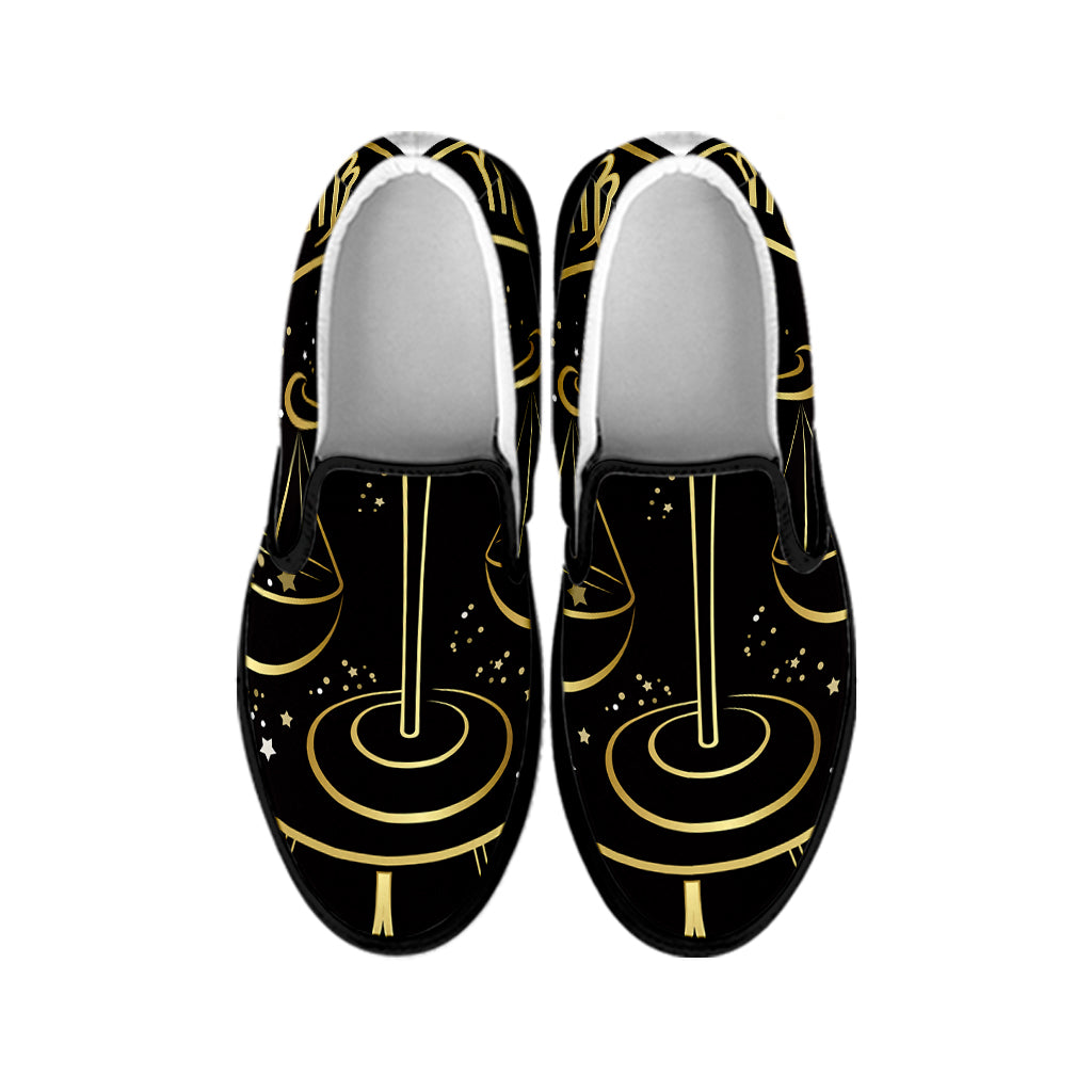 Gold And Black Libra Sign Print Black Slip On Shoes