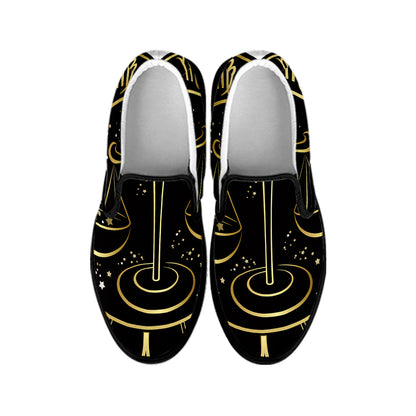 Gold And Black Libra Sign Print Black Slip On Shoes