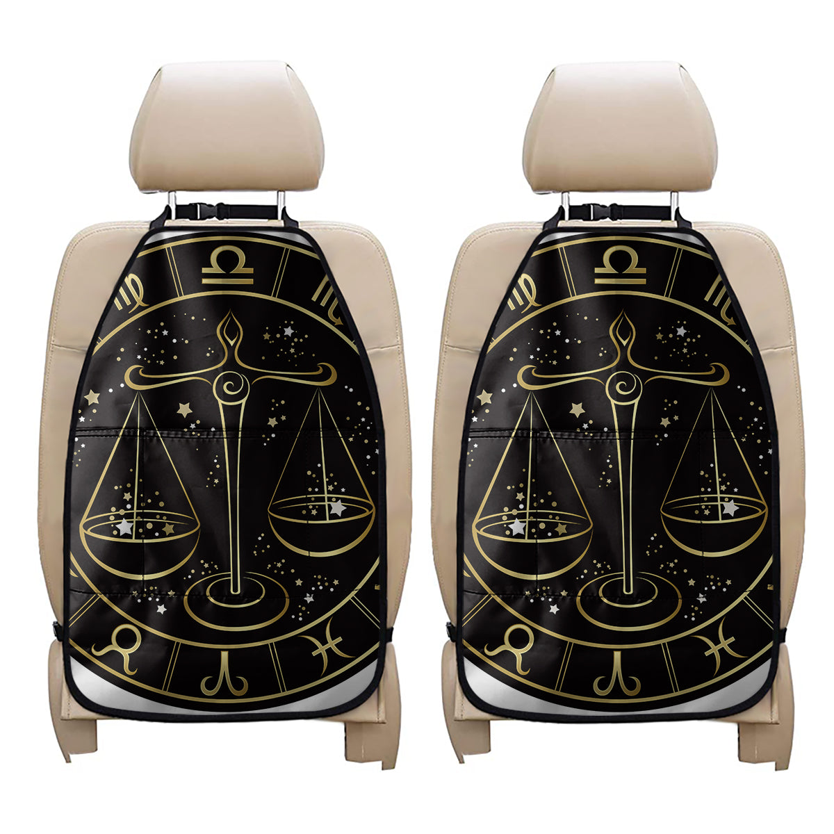 Gold And Black Libra Sign Print Car Seat Organizers
