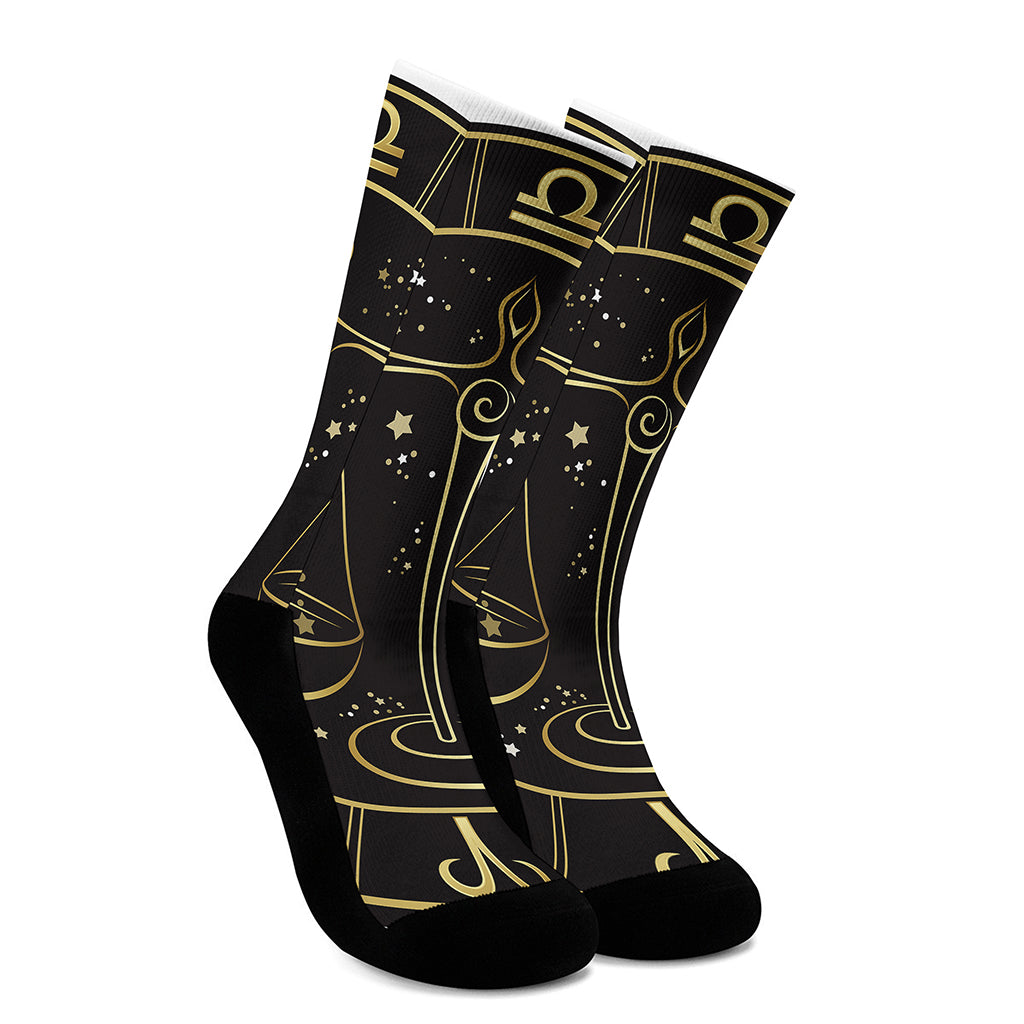 Gold And Black Libra Sign Print Crew Socks
