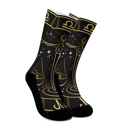 Gold And Black Libra Sign Print Crew Socks