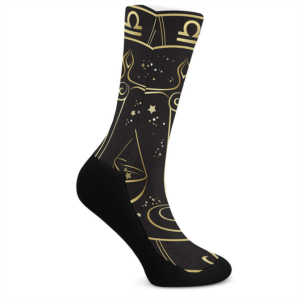 Gold And Black Libra Sign Print Crew Socks