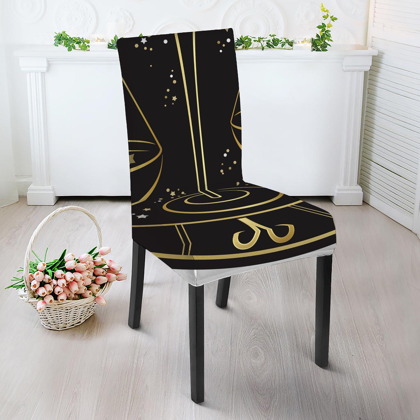 Gold And Black Libra Sign Print Dining Chair Slipcover