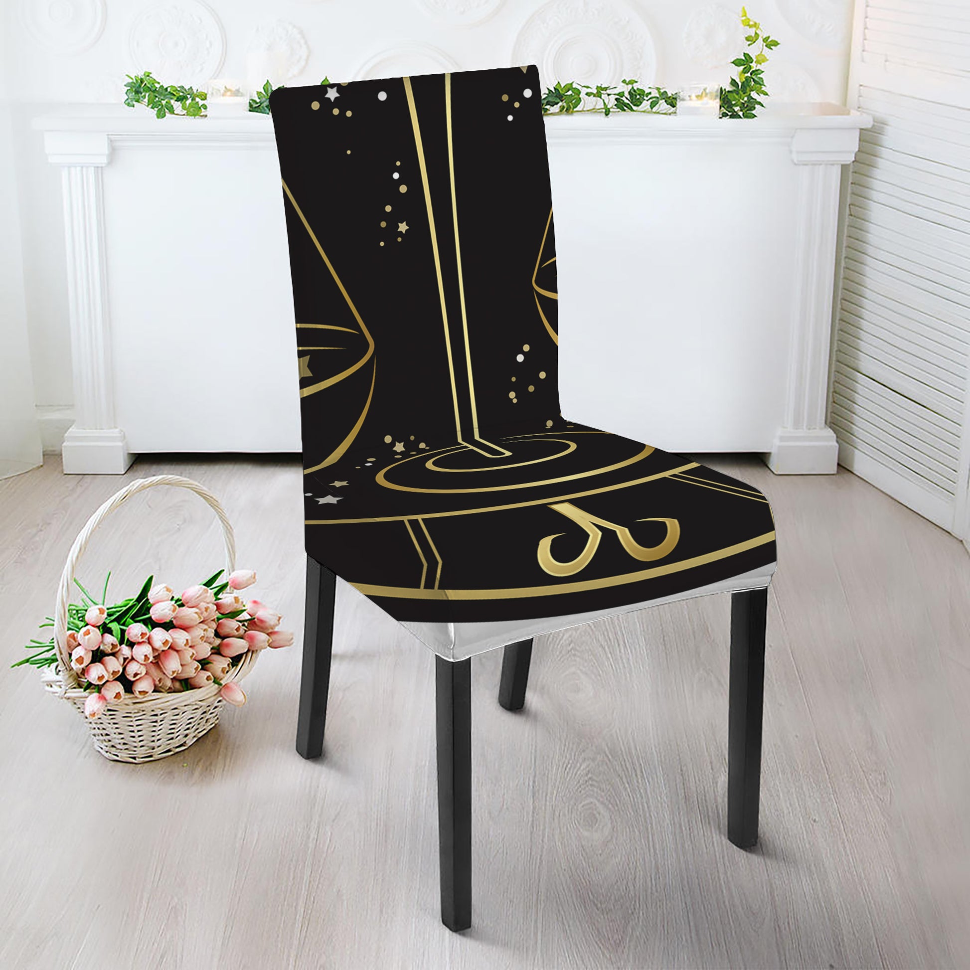 Gold And Black Libra Sign Print Dining Chair Slipcover