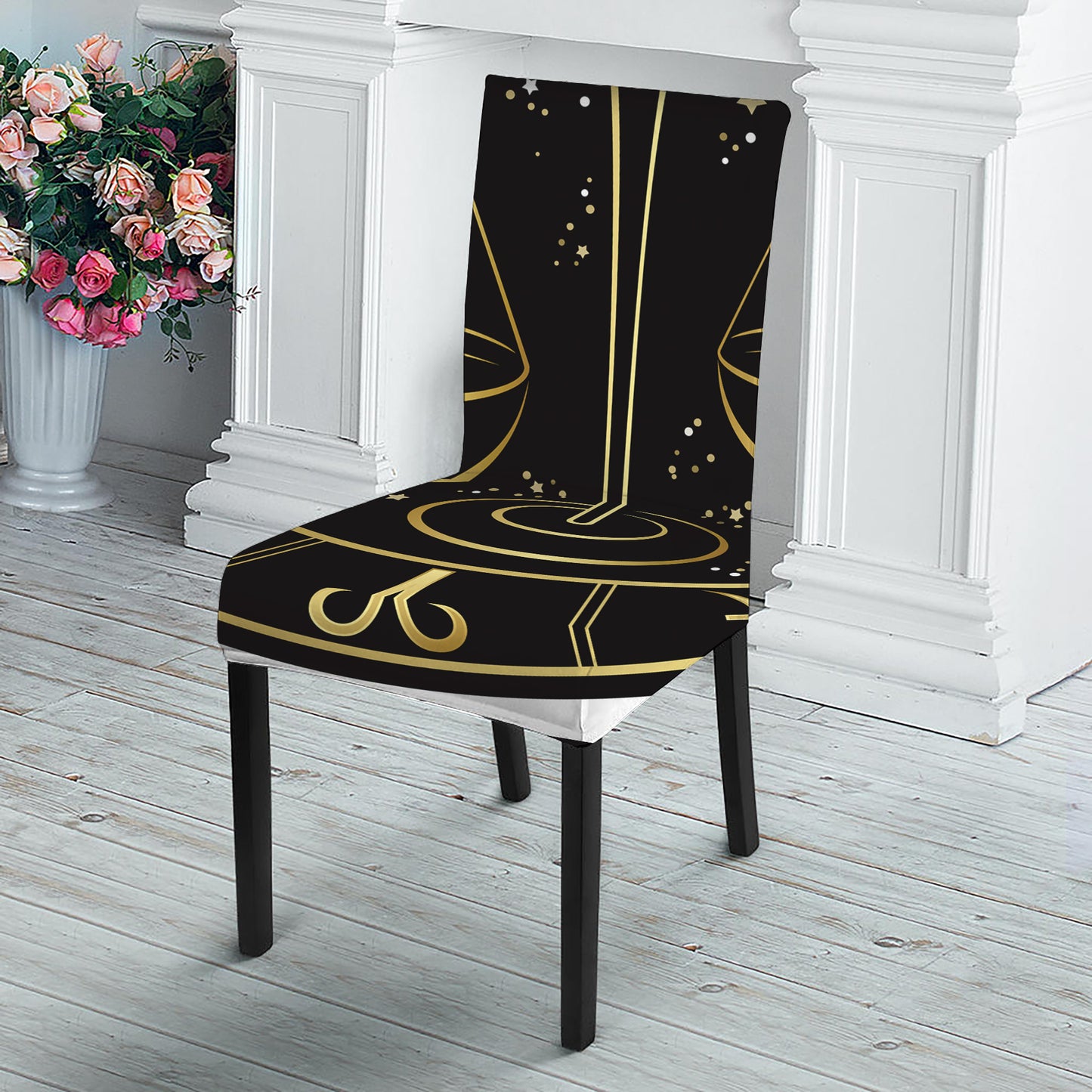 Gold And Black Libra Sign Print Dining Chair Slipcover