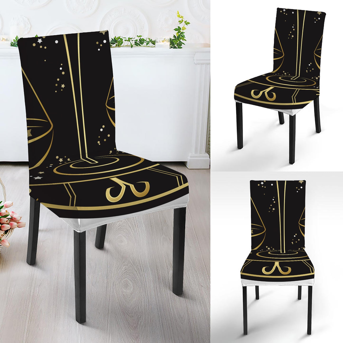 Gold And Black Libra Sign Print Dining Chair Slipcover