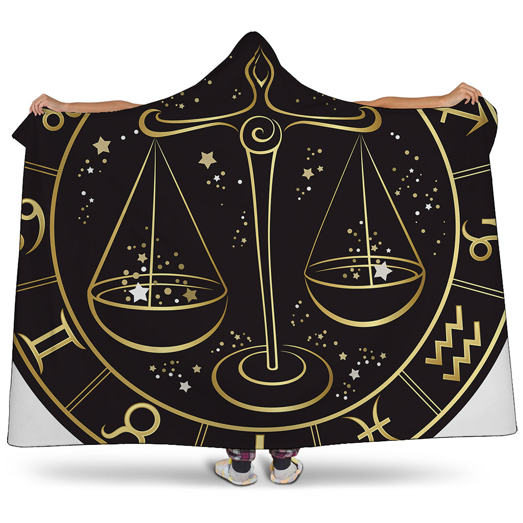 Gold And Black Libra Sign Print Hooded Blanket
