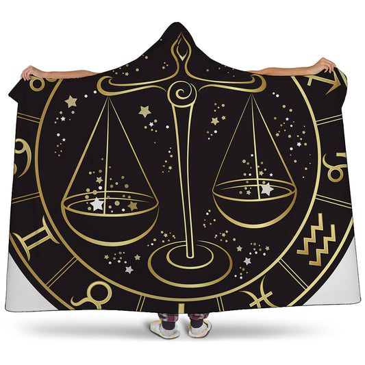 Gold And Black Libra Sign Print Hooded Blanket
