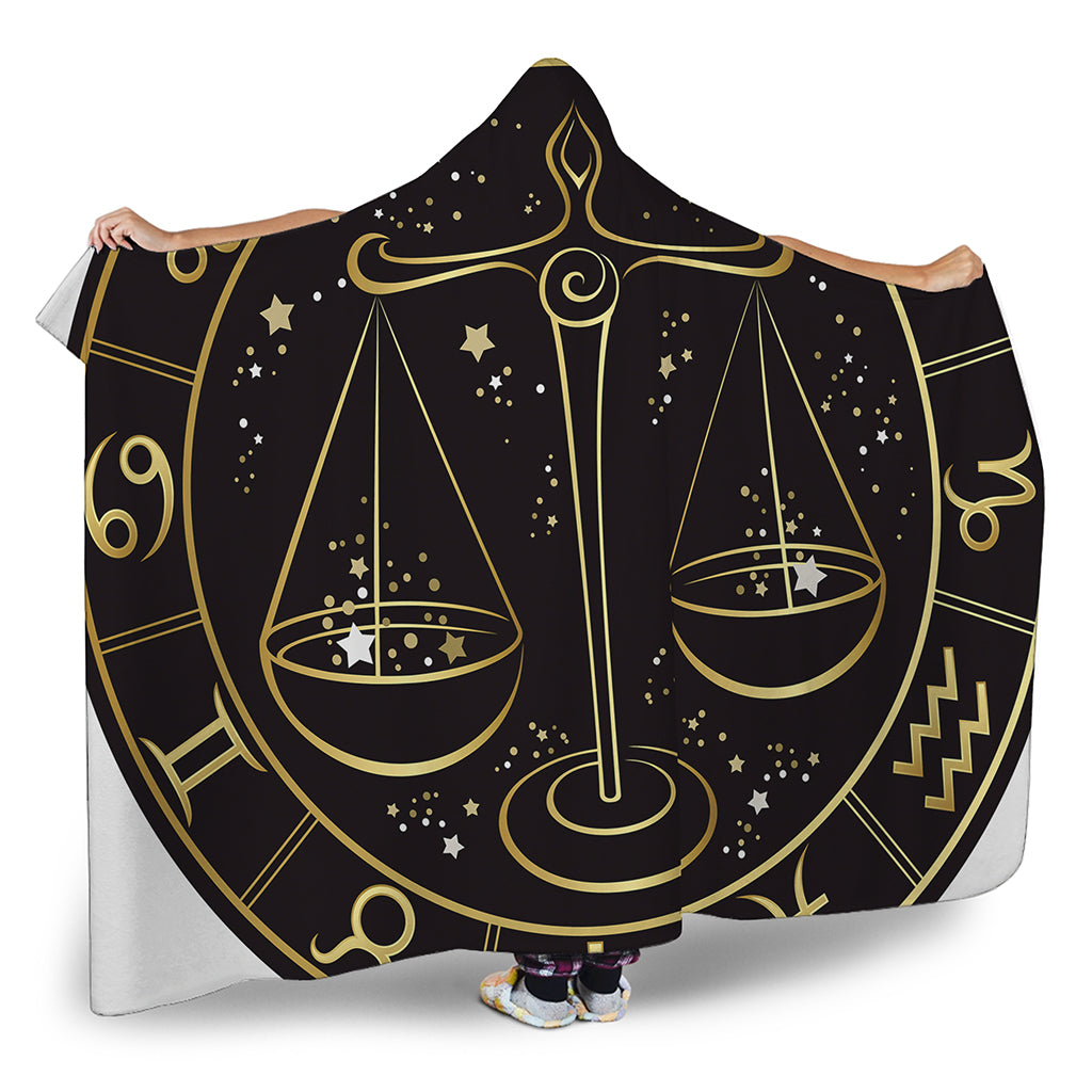 Gold And Black Libra Sign Print Hooded Blanket