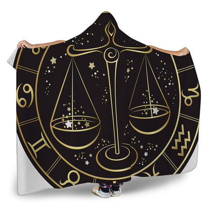 Gold And Black Libra Sign Print Hooded Blanket