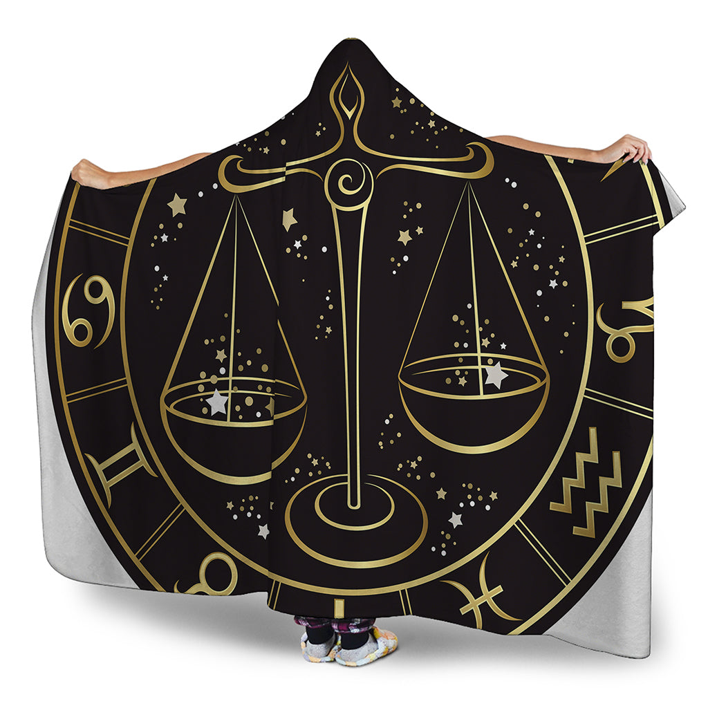 Gold And Black Libra Sign Print Hooded Blanket