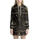 Gold And Black Libra Sign Print Pullover Hoodie Dress