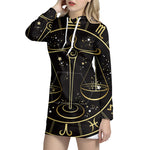 Gold And Black Libra Sign Print Pullover Hoodie Dress