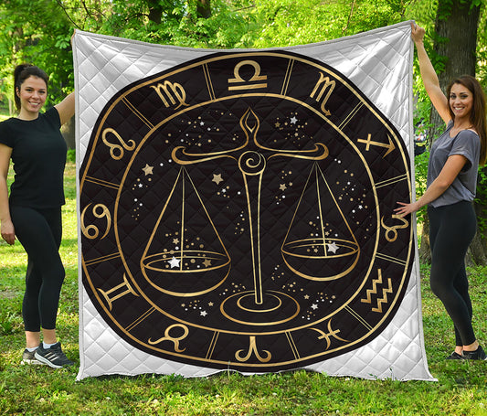 Gold And Black Libra Sign Print Quilt