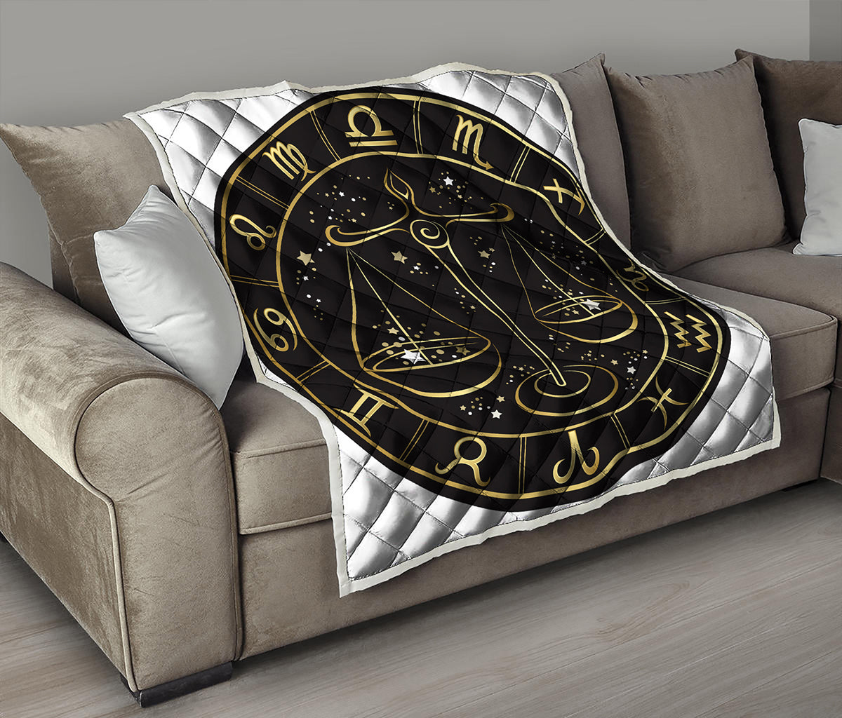 Gold And Black Libra Sign Print Quilt