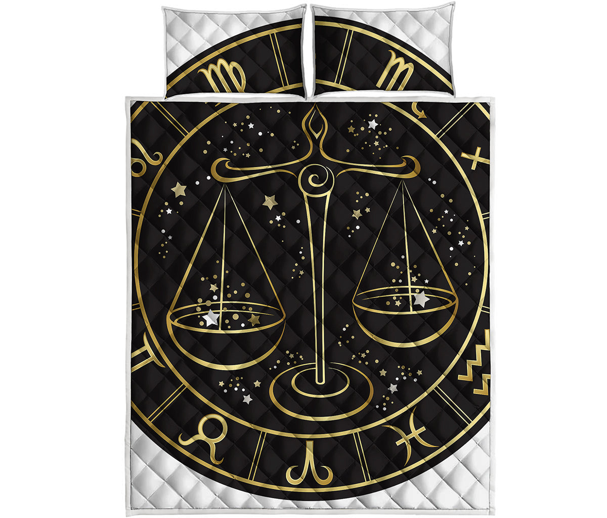 Gold And Black Libra Sign Print Quilt Bed Set