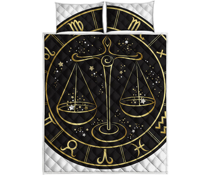 Gold And Black Libra Sign Print Quilt Bed Set
